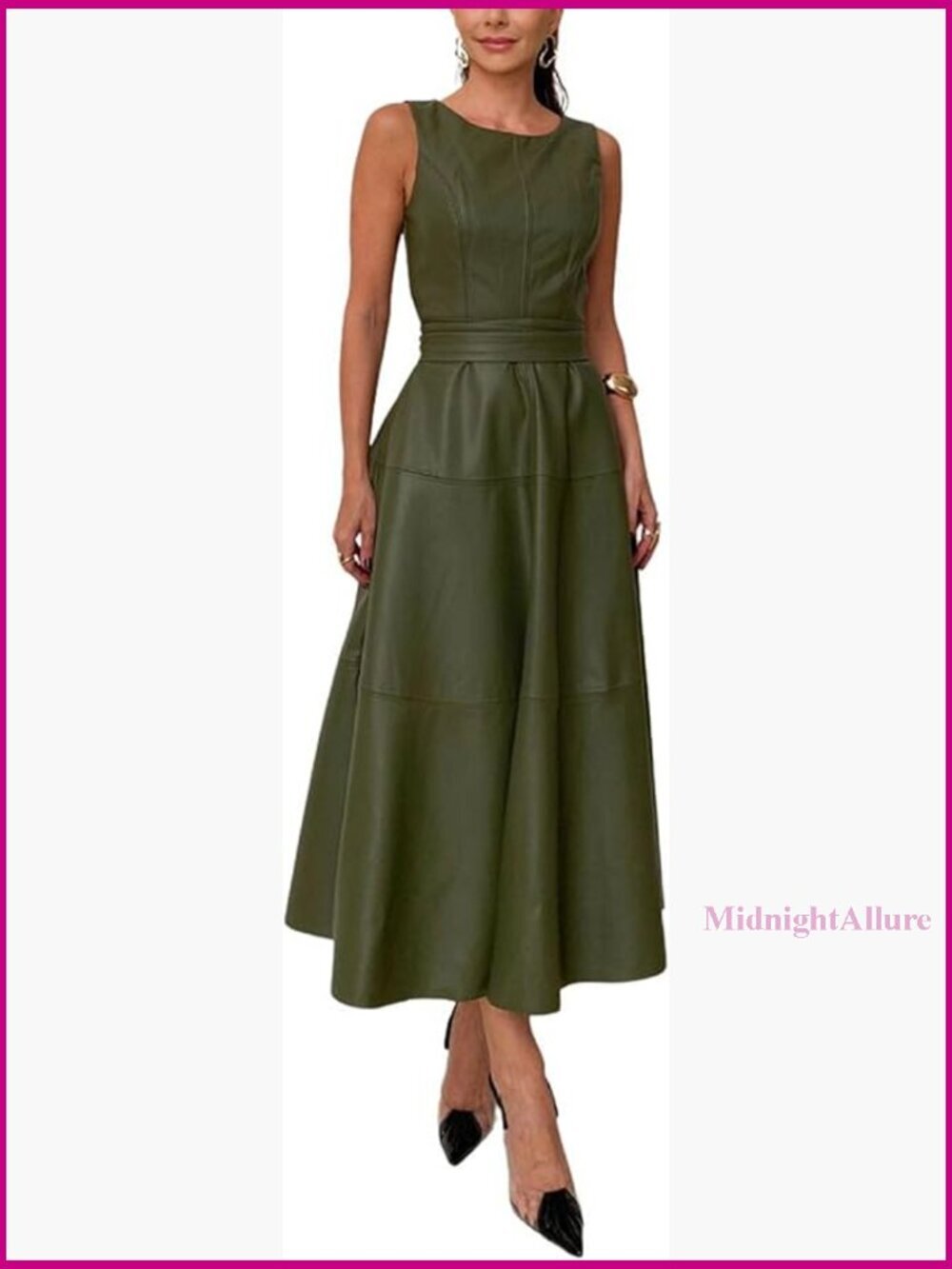 Slim Fit PU Leather Sleeveless Long Dress with Belt, Zipper Back
